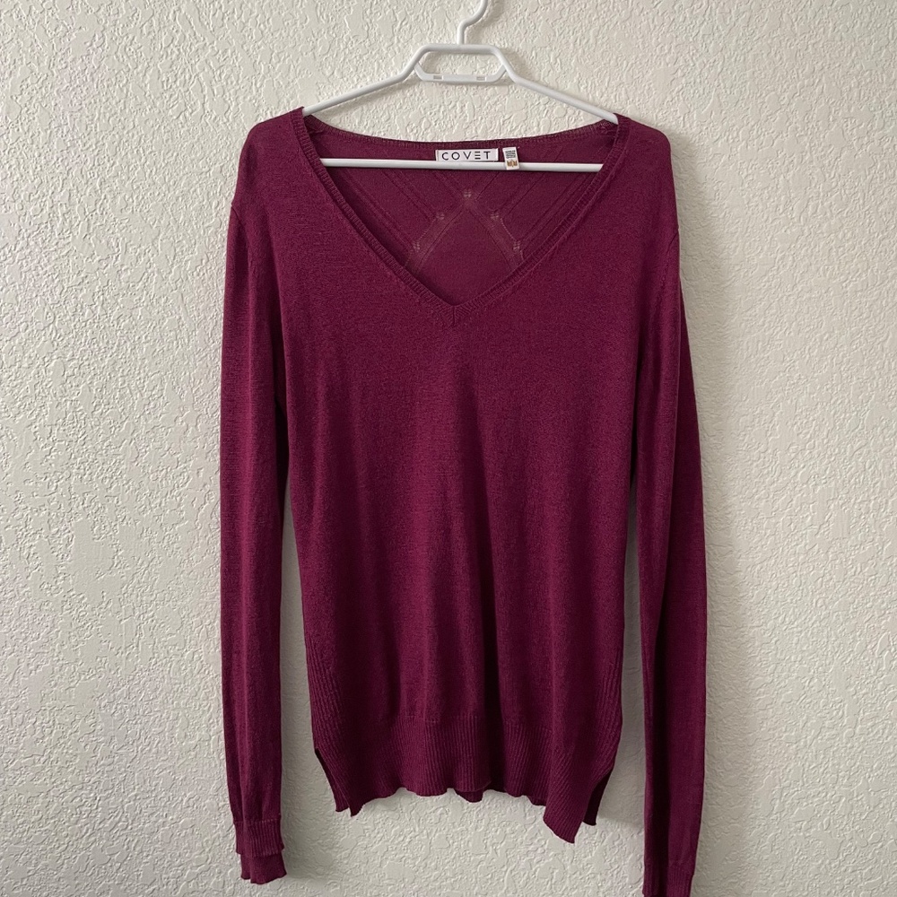 Covet Burgundy V-Neck Knit Sweater | Medium | Cashmere Blend | Like New